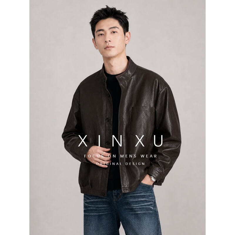 "New Collection" Rilke Vegetable-Tanned Metallic Protein Leather Stand-Collar Silhouette Jacket Casual Leather Coat for Men Autumn Season