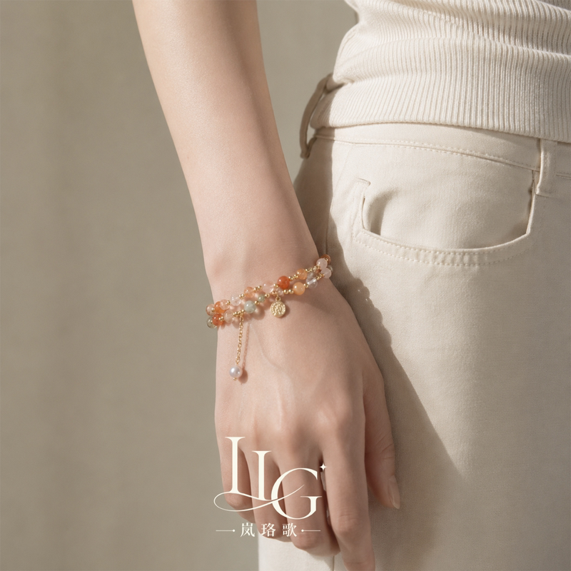 Colorful Crystal Double-Circle Bracelet for Women, Vintage Portrait Gold Coin Pendant, Adjustable Tassel Pearl Bracelet, Niche Design