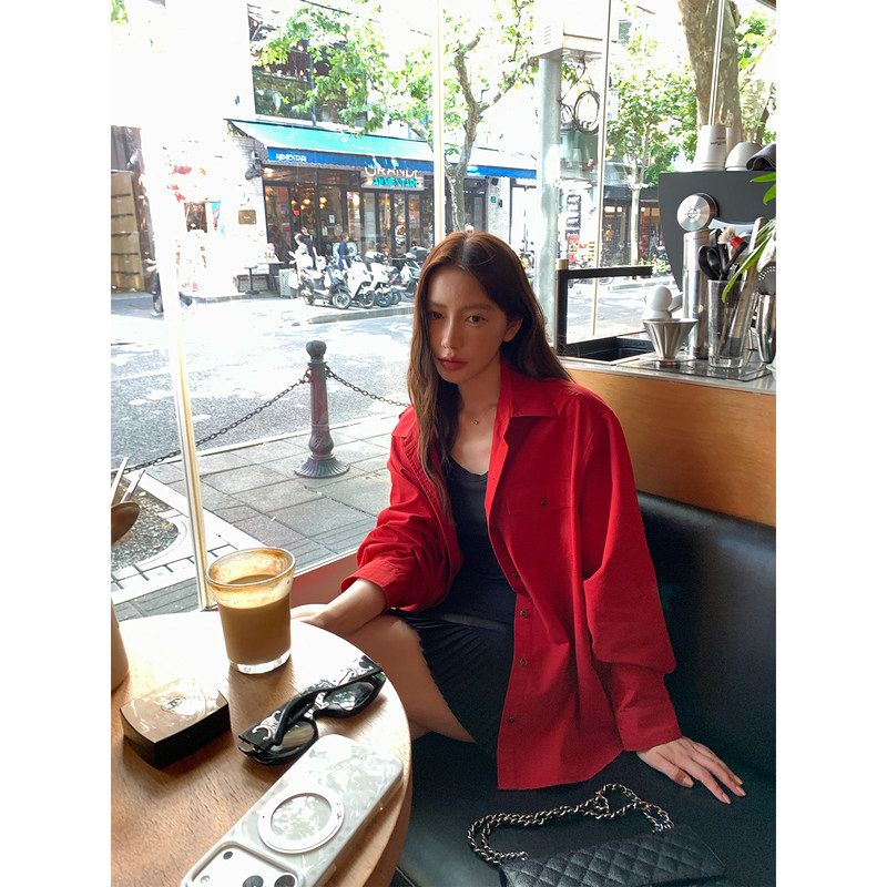 Cuicuiisee Red Pomegranate Casual Pocket Long Sleeve Shirt Thin Jacket Cuicuiisee Red Pomegranate Casual Pocket Long Sleeve Shirt Thin Jacket