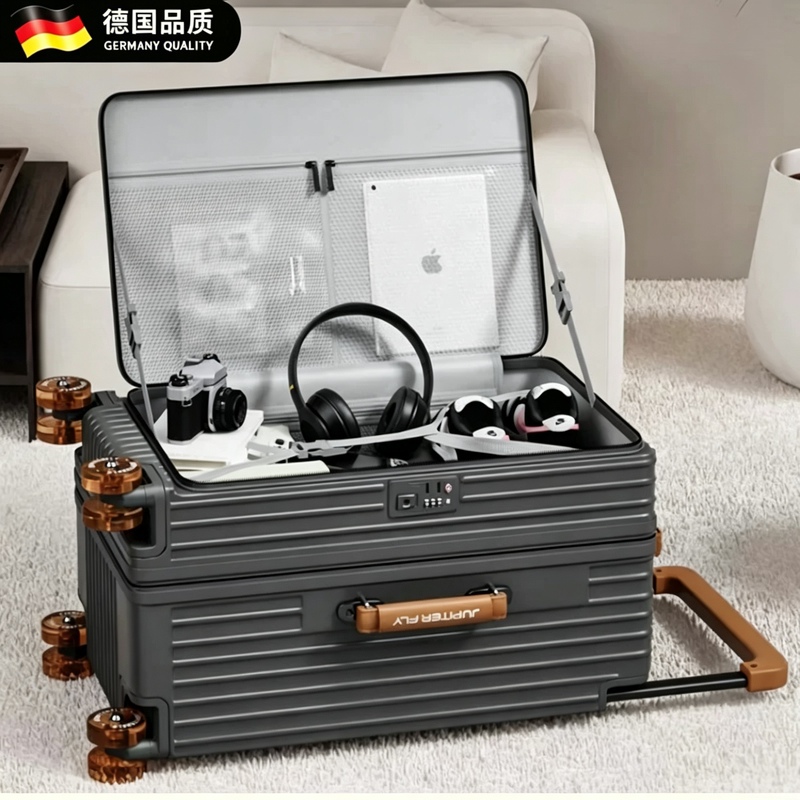 German Side-Opening Suitcase with Wide Handle, Large Capacity Luggage, Front Opening, Expandable, Multi-Functional Carry-On Suitcase