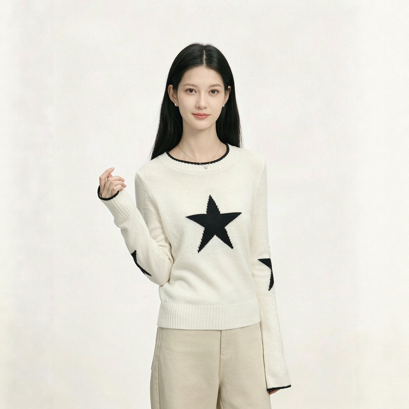 Azmi White Round Neck Knitted Sweater for Women, New Autumn and Winter Style, Loose Fit, Slimming, Casual Versatile Knit Top Azmi White Round Neck Knitted Sweater for Women, New Autumn and Winter Style, Loose Fit, Slimming, Casual Versatile Knit Top