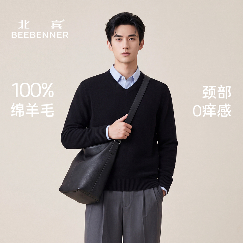Beibin 2026 Winter New 100% Pure Wool Sweater Men's Knitted V-Neck Pullover Dad's Sweater Heart-Shaped Collar Sweater Beibin 2026 Winter New 100% Pure Wool Sweater Men's Knitted V-Neck Pullover Dad's Sweater Heart-Shaped Collar Sweater