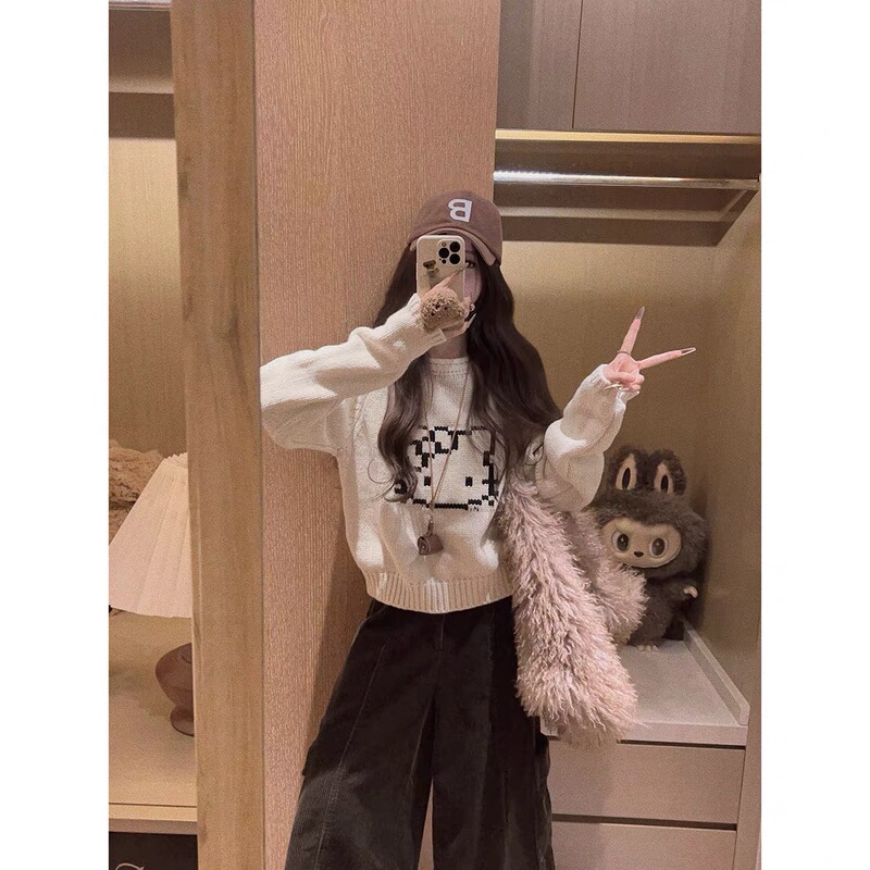 10.22【Kt Cat Knitting】Korean Retro Chunky Knit Kt Cat Lazy Style Sweater