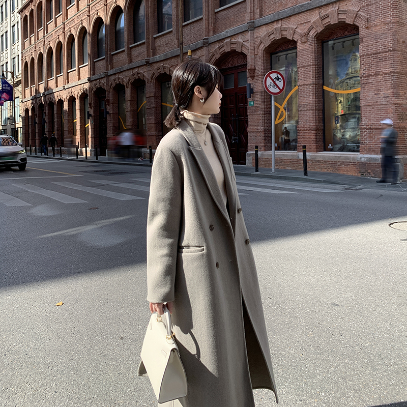 Gray double-sided cashmere coat women's 2021 winter new Korean version slim mid-length version Hepburn style over-the-knee woolen coat