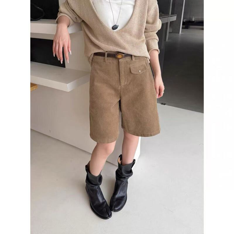 1004 New Style Slimming Corduroy Mid-Length Shorts with Belt Included 9931 Non-Fading Non-Exchangeable 9V
