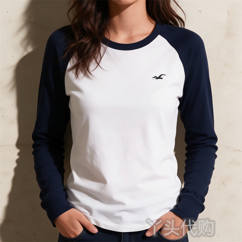 Clearance Sale: Hollister Color-Block Raglan Sleeve Long-Sleeve T-Shirt, Unisex, Loose Fit, Crew Neck, College Style