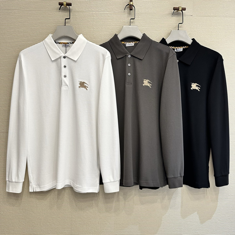Burberry/Burberry Long-Sleeved Polo Shirt for Men, Business Casual Embroidered Plaid Lapel Top for Men Burberry/Burberry Long-Sleeved Polo Shirt for Men, Business Casual Embroidered Plaid Lapel Top for Men