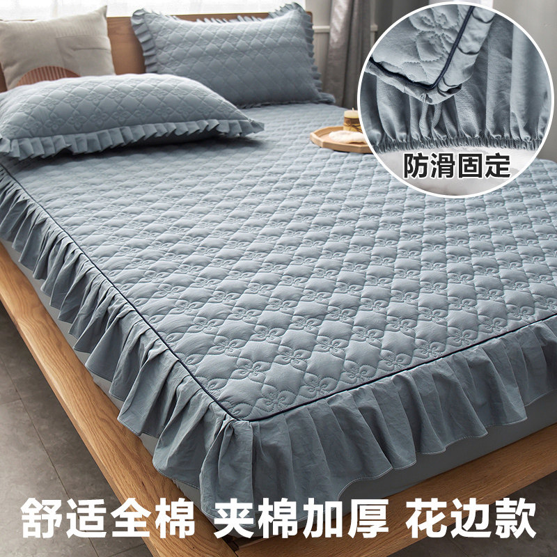 Cotton bed cover thickened padded bed cover Single-piece all-inclusive washed cotton bed pad cover 1 8m meter non-slip cover girl heart