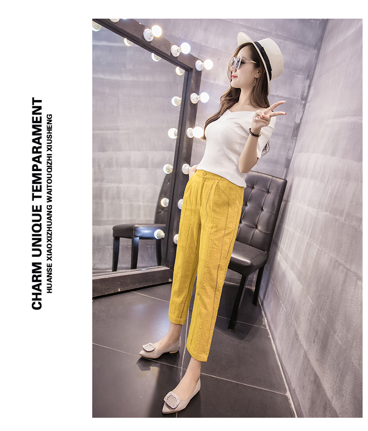 Hollow thêu bông và vải lanh chín quần phụ nữ cao eo là mỏng hoang dã quần âu thủy triều phần mỏng linen feet hậu cung quần mùa hè quần caro nữ