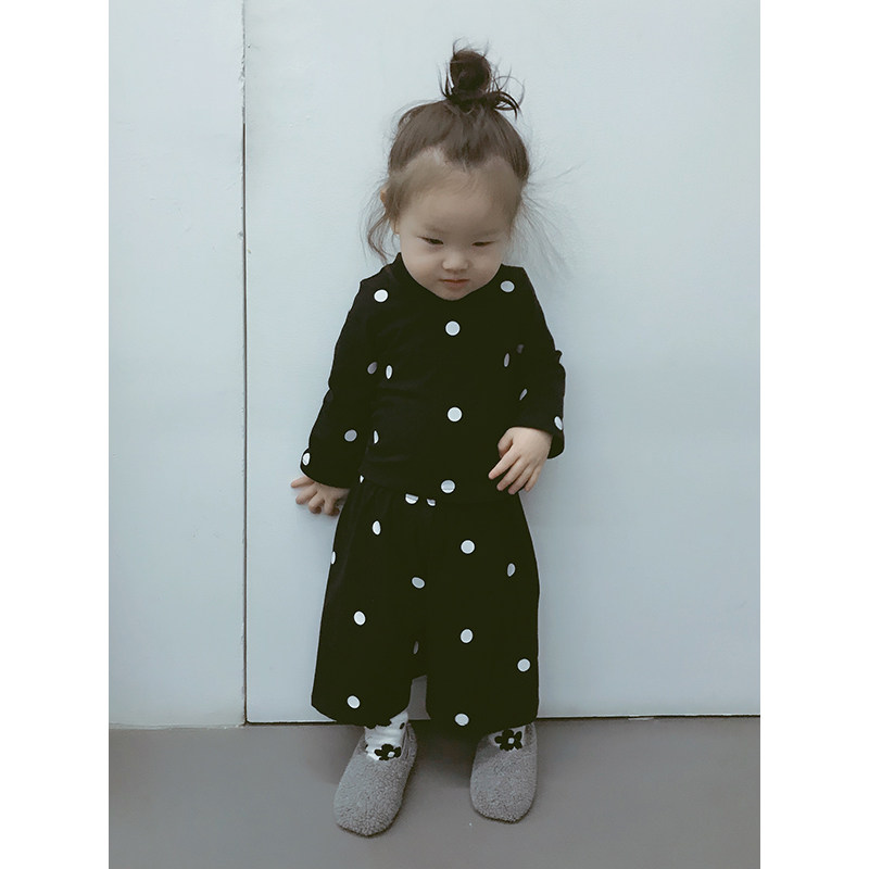 imakokoni black and white wave point long sleeve blouses original design 100 hitch set head T-shirt girl autumn fit 0035