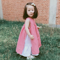 As low as 6 fold imakokoni childrens clothing red and white plaid dress Joker sleeveless long gown for girls 0127