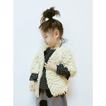 Original childrens clothing apricot color handmade crocheted sweater coat imakokoni cute thick knitted cardigan girl 0134