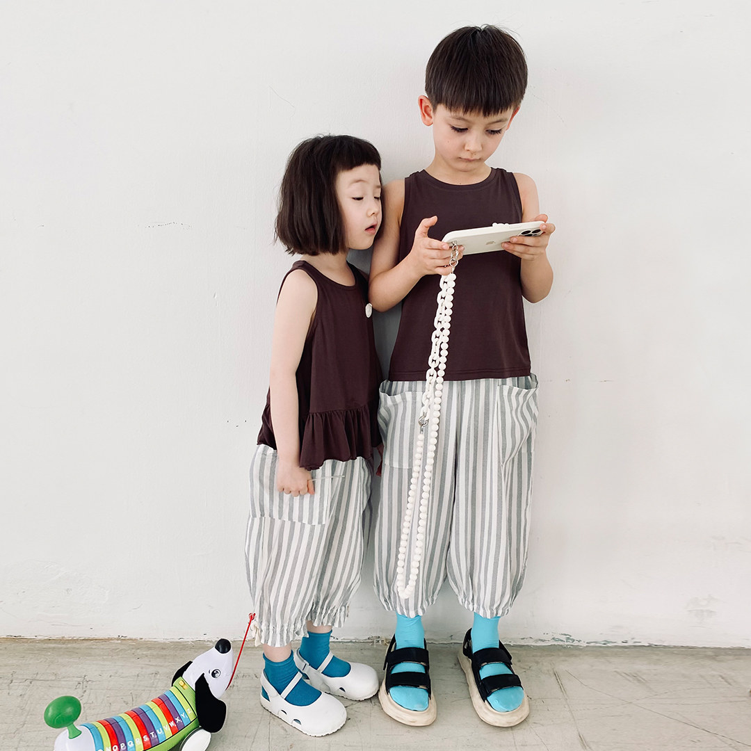 Pro-Zika Imakokoni Real shoot original casual cotton linen striped 7 Pants Men and women Children's bunches Pants Summer 21595-Taobao