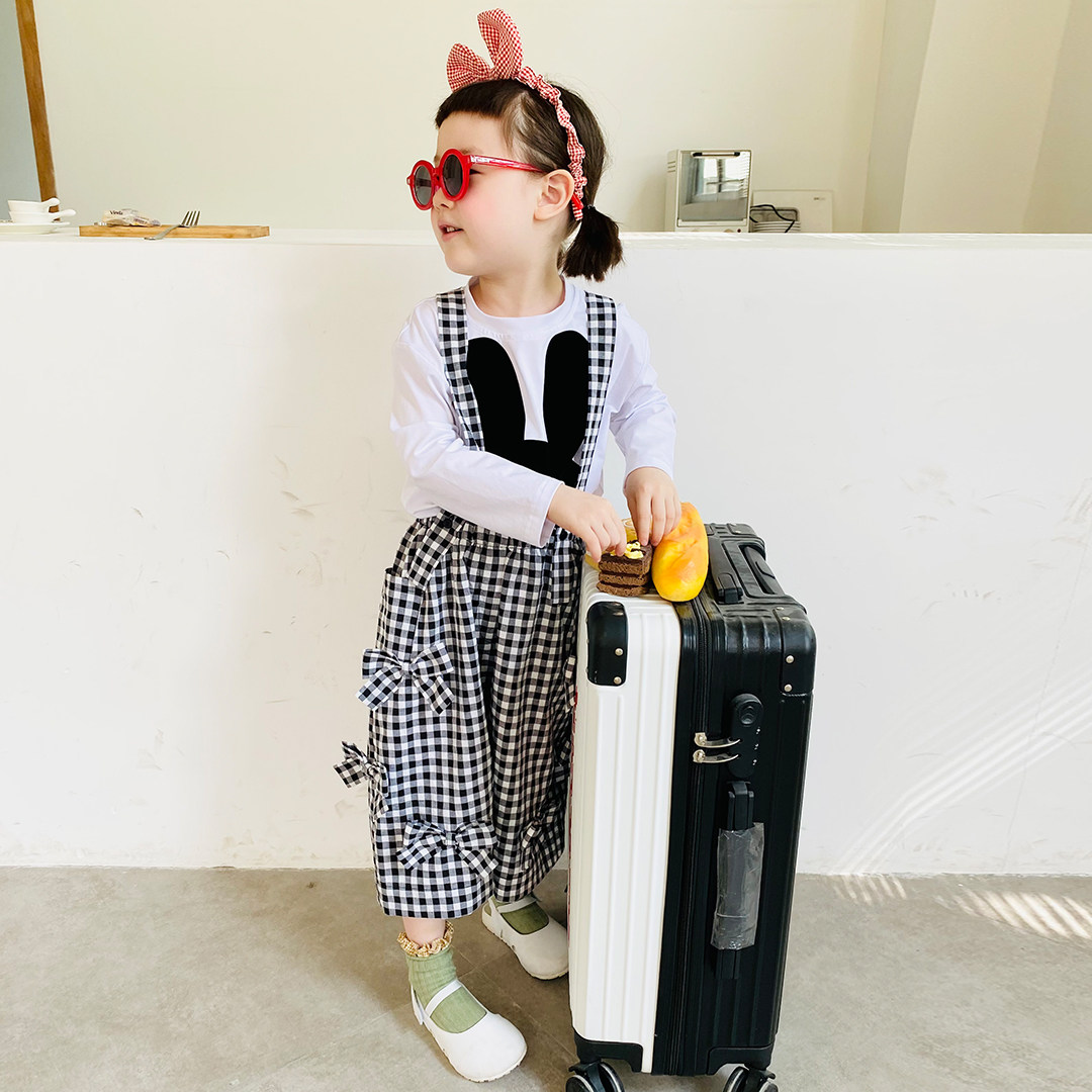t-shirt parent-child imakokoni suit black and white long sleeve casual plaid back with pants girl autumn 21688 baby-Taobao
