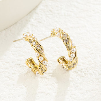 14K Gold-Plated Thickened Copper Inlaid with Zircon and Pearl C-Shaped Stud Earrings, Half-Circle Earrings, Elegant Niche Light Luxury Earrings