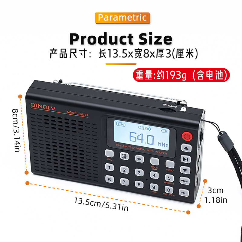 Diagram of QINGLV QL-02 radio controls and ports, including TF card slot, FM/SW antenna, tuning knob, earphone jack, Type-C charging interface, audio input interface (AUX), speaker, mode key, power switch, repeat/system setup key, next key, play/pause key, previous key, preset key, volume up/down, DEL (delete) key, SW band key, AM/FM band key, REC (recording) key, and REC FILE key.