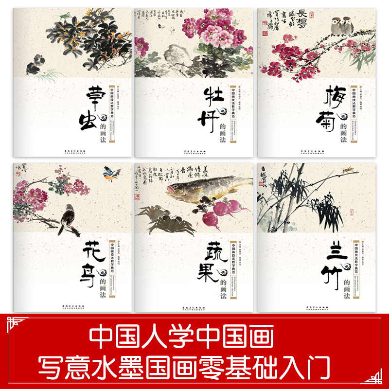 Genuine Chinese Painting Techniques Teaching Model Set 6 volumes of Peony, Vegetables, Fruits, Flowers, Birds, Orchid, Bamboo, Plum and Chrysanthemum