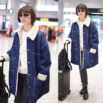 Maje moscoloni lamb wool denim jacket womens winter new mid-length Korean version loose tide ins cotton clothes