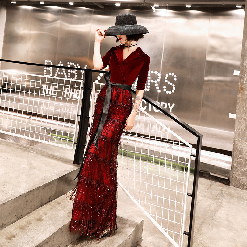 Toast dress bride 2021 new wine red long version temperament banquet socialite host evening dress dress thin