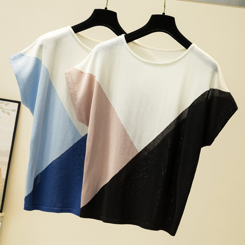 Tide brand plus fat plus size women's clothing 2022 summer new fashion short-sleeved knitted sweater contrast color age-reducing ice silk T-shirt women