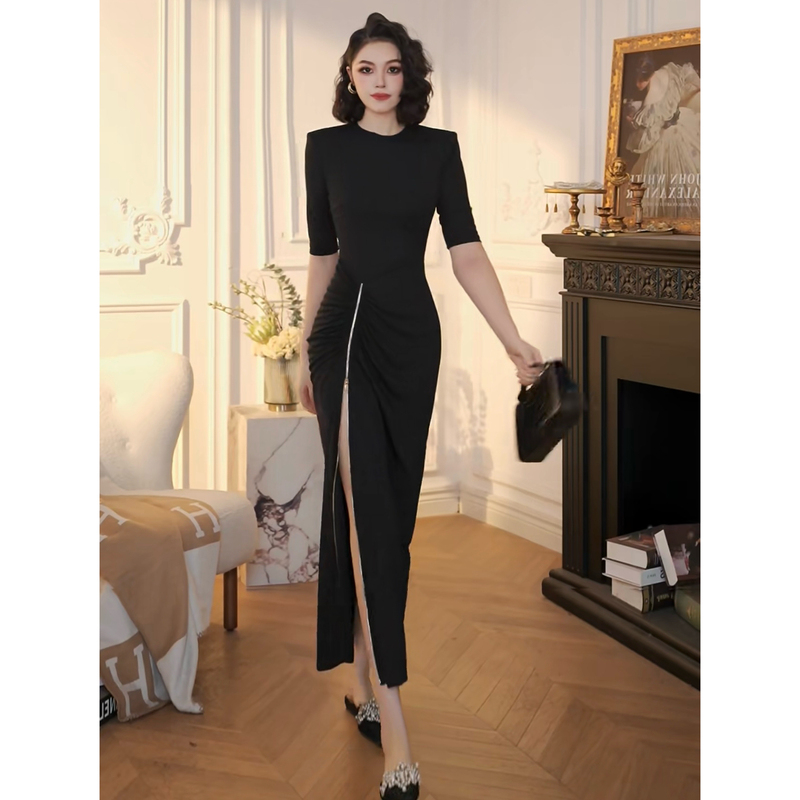 Xuanyan Light Luxury Elegant Black Dress for Women with Slit, Zipper, Waist-Cinching, Slimming, Bodycon Long Dress with a Sense of Style Xuanyan Light Luxury Elegant Black Dress for Women with Slit, Zipper, Waist-Cinching, Slimming, Bodycon Long Dress with a Sense of Style