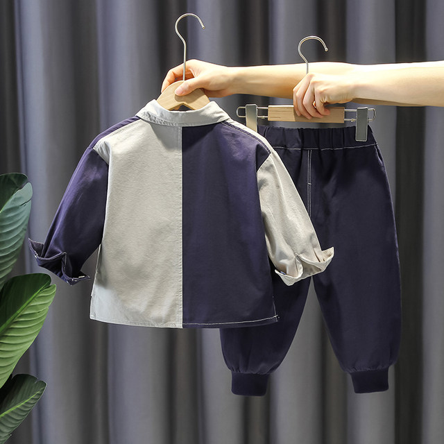Children's suit baby Korean style splicing shirt two-piece set boy spring new trendy fried street children's clothing spring tide