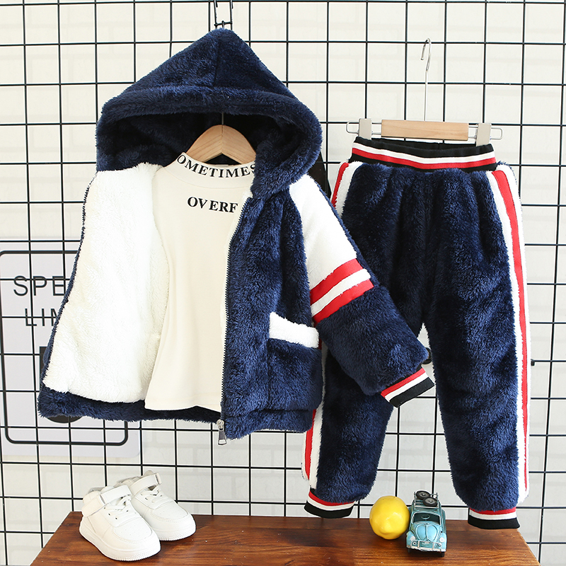 Children's pyjamas winter thickened style boy clip cotton plus suede baby flannel boy coral suede boy's home clothes