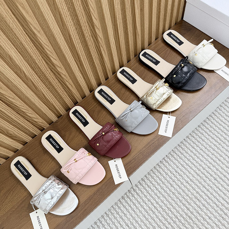 Rosestep Is a Must-Have! Two Heel Heights, Bow Knot, Letter Pattern, Textured Thick Heel, Slip-On Sandals, Genuine Leather for Women