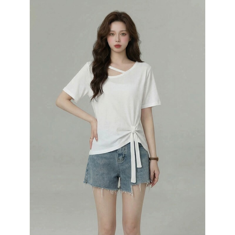 Summer New Style Bow-Tie Slimming Design Short-Sleeve Irregular Pleated T-Shirt for Women, Hollow-Out Pure Cotton Top Summer New Style Bow-Tie Slimming Design Short-Sleeve Irregular Pleated T-Shirt for Women, Hollow-Out Pure Cotton Top