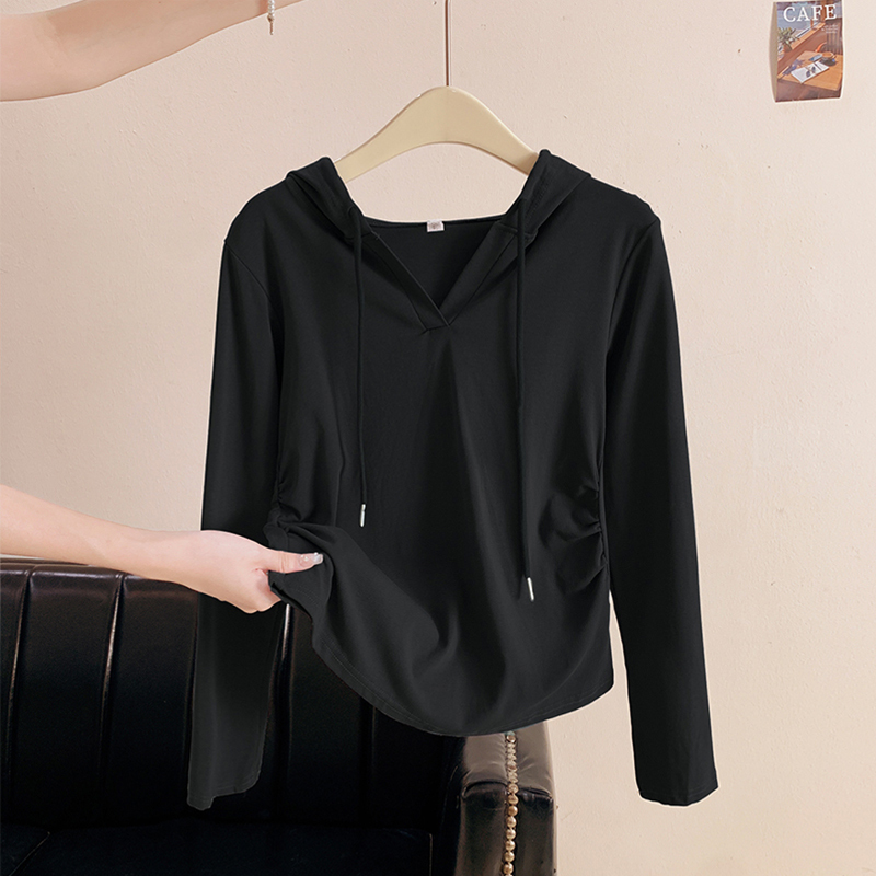 Hooded V-Neck Pure Cotton T-Shirt for Women, Simple Slim-Fit Design, Niche Style, Long-Sleeved Autumn and Winter Solid Color Korean-Style Top Hooded V-Neck Pure Cotton T-Shirt for Women, Simple Slim-Fit Design, Niche Style, Long-Sleeved Autumn and Winter Solid Color Korean-Style Top