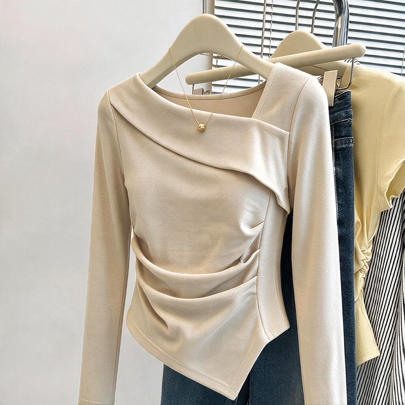 Irregular Design Pure Cotton Long-Sleeved T-Shirt for Women, New Autumn and Winter Style, Waist-Cinching, Belly-Covering, Solid Color Pleated Base Shirt Top