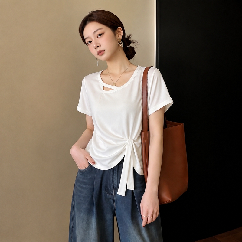 Irregular Design Hollow-Out Pure Cotton Short-Sleeve T-Shirt for Women, Fashionable Pleated Bow Tie Summer Top Irregular Design Hollow-Out Pure Cotton Short-Sleeve T-Shirt for Women, Fashionable Pleated Bow Tie Summer Top