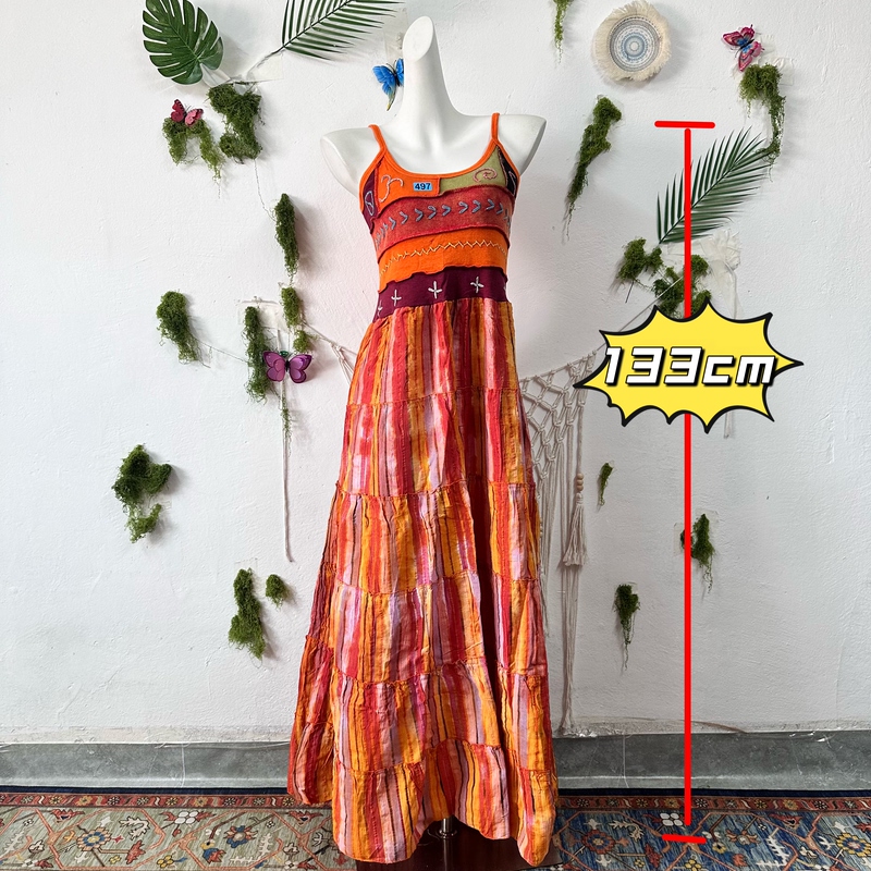 Nepalese Handmade Plant-Dyed Tie-Dye Fairy Bohemian Patchwork Print Multi-Color Spliced Spaghetti Strap Dress Tie-Dye