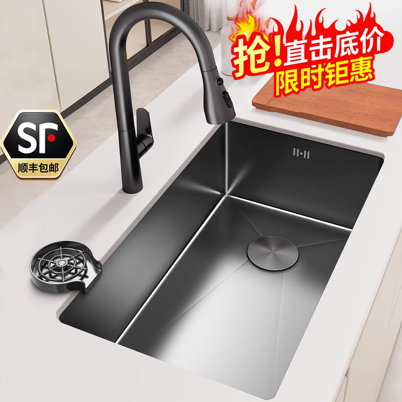 キッチンシンク大型シングルトラフ厚手304ステンレススチール野菜洗い盆家庭用食器洗いシンクプールカウンター下盆手作り