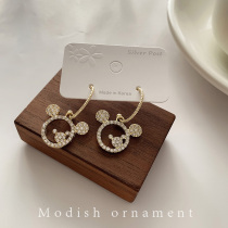 Hollow Mickey Mouse diamond-set 925 silver earrings high-end exquisite temperament earrings personality design sense asymmetrical earrings