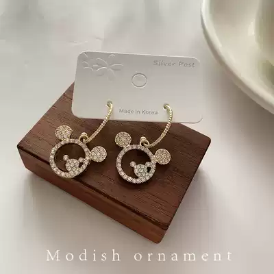 Hollow Mickey Mouse diamond-set 925 silver earrings high-end exquisite temperament earrings personality design sense asymmetrical earrings