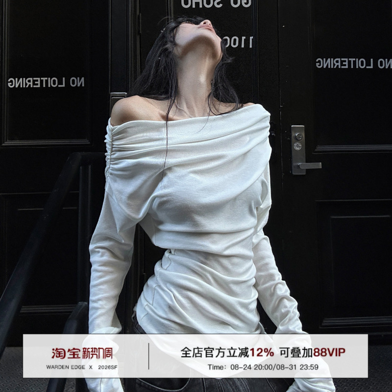 Han Hao Tian Warden Edge White Off-Shoulder T-Shirt for Women, Spring and Autumn Slim-Fit Ruched Exposed Shoulder Long-Sleeve Top Han Hao Tian Warden Edge White Off-Shoulder T-Shirt for Women, Spring and Autumn Slim-Fit Ruched Exposed Shoulder Long-Sleeve Top