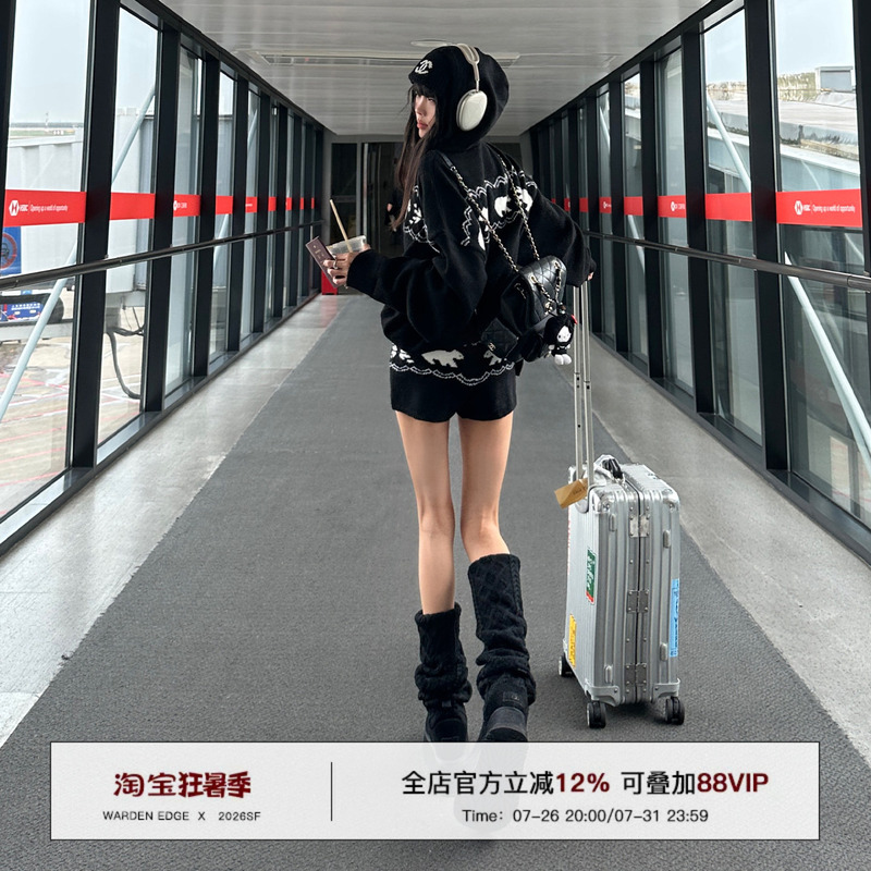 Hanhaotian Warden Edge Black Fair Isle Christmas Sweater Women's Winter Slim Knit Cardigan Hooded Jacket