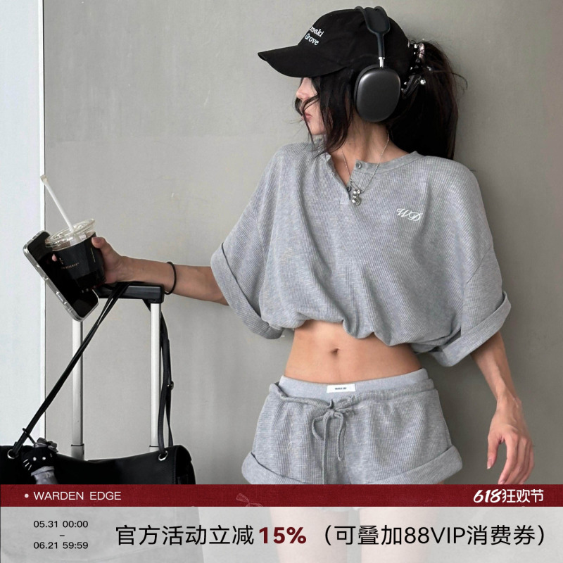 Hanhaotian Warden Edge Gray Drawstring Pleated Shorts for Women, Summer Hot Girl Low-Waist Casual Loose Wide-Leg Pants