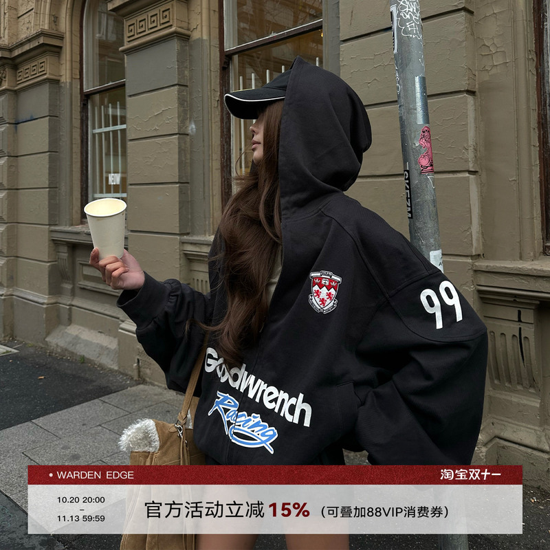 Korean Style Warden Edge American Heavy-Duty Hooded Sweatshirt for Women, Loose Fit with Armbands, Pure Cotton Printed Oversized Jacket