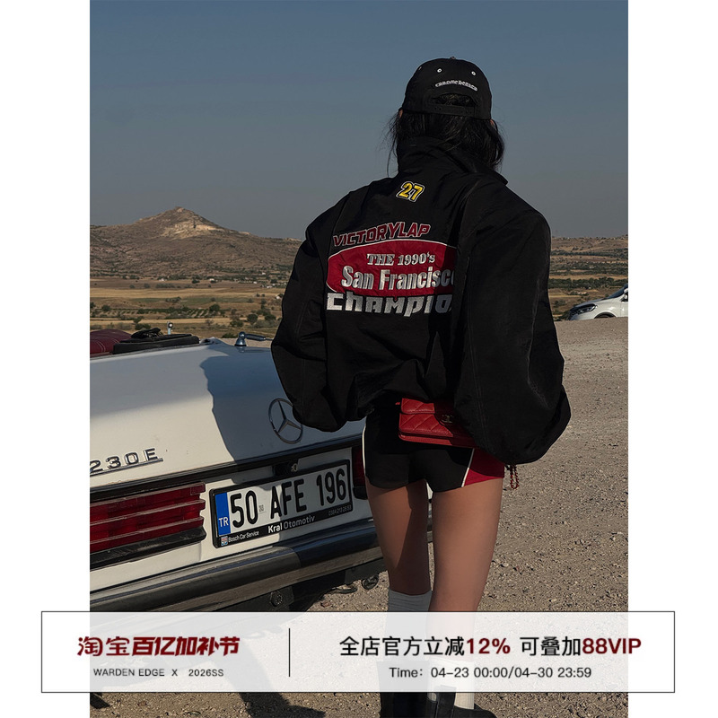 Korean Style Warden Edge Black American Baseball Jacket for Women, Spring and Autumn, Loose Fit, Embroidered Patch, Casual Biker Short Jacket