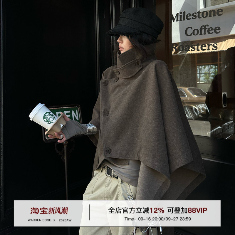 Hanhaotian Warden Edge Cape-Style Woolen Coat for Women, Autumn Loose Stand-Up Collar Short Coat