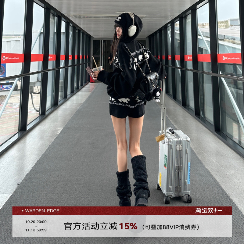 Hanhaotian Warden Edge Black Fair Isle Christmas Sweater Women's Winter Slim Knit Cardigan Hooded Jacket Hanhaotian Warden Edge Black Fair Isle Christmas Sweater Women's Winter Slim Knit Cardigan Hooded Jacket