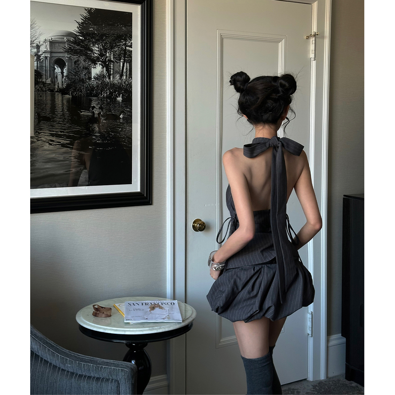 Han Hao Tian Warden Edge Striped Suit Halter Neck Vest Summer Gray Sexy Slim Fit Sleeveless Top Han Hao Tian Warden Edge Striped Suit Halter Neck Vest Summer Gray Sexy Slim Fit Sleeveless Top