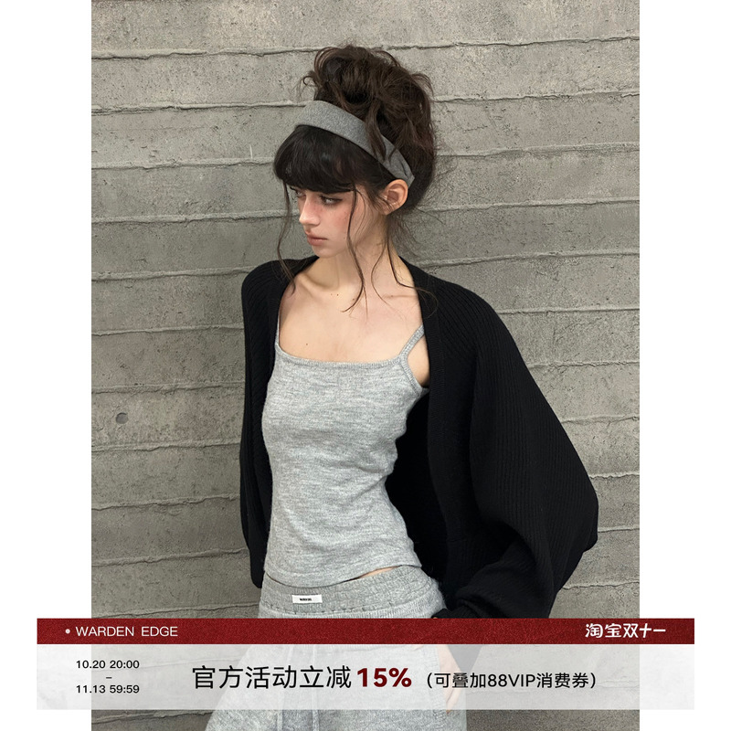 Hanhaotian Warden Edge Black Knitted Cardigan for Women, Autumn Batwing Sleeve Loose Lazy Style Shawl Coat