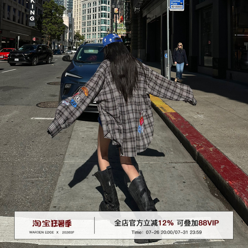 Han Hao Tian Warden Edge Is Born Against the Tide, Black Plaid Shirt, Summer Loose-Fitting Pure Cotton Lapel Long-Sleeved Jacket