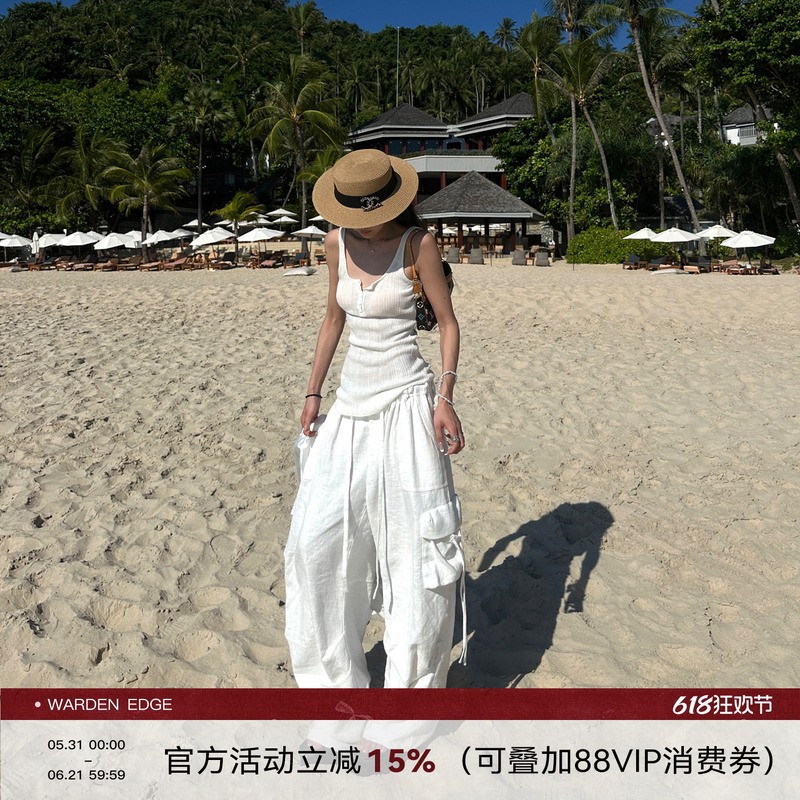 Hanhaotian Warden Edge Coconut Breeze White Cotton and Linen Casual Pants for Women, Summer Loose Low-Waist Wide-Leg Long Pants