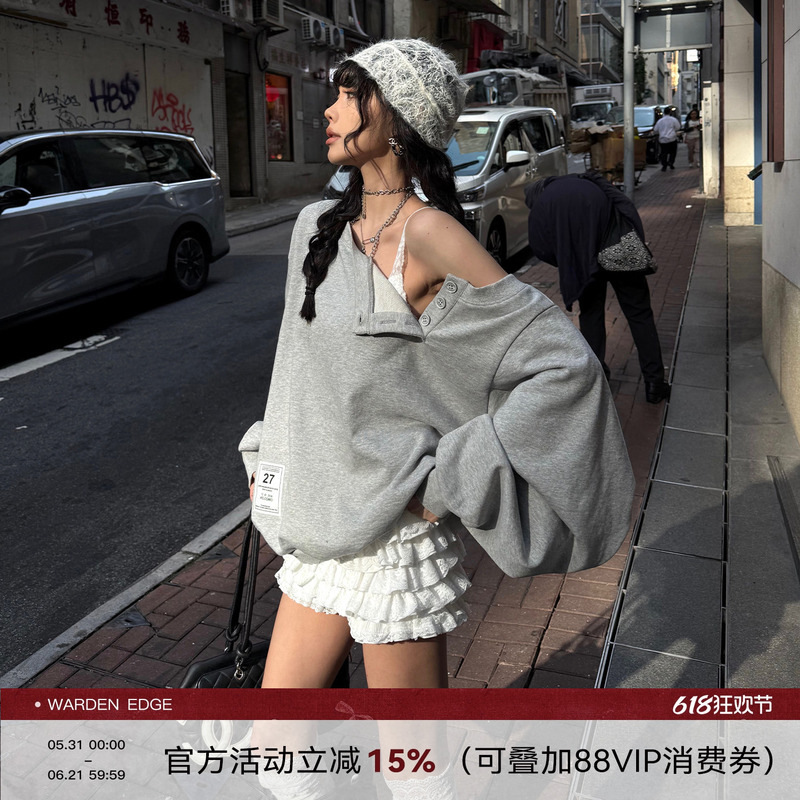Korean Sweet Warden Edge Misty Gray Off-Shoulder Sweatshirt for Women, Spring Loose Casual Long-Sleeve Top