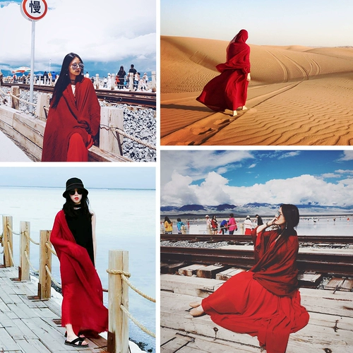 Летняя красная накидка, этнический пляжный шарф, защита от солнца, из хлопка и льна, этнический стиль