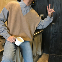  19studio early autumn ins college style shirt Hong Kong style stitching ulzzang fake two-piece long-sleeved shirt men and women